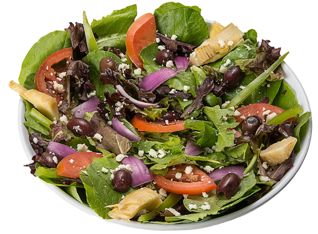 Fresh garden salad with tomatoes, olives, onions, and mixed greens